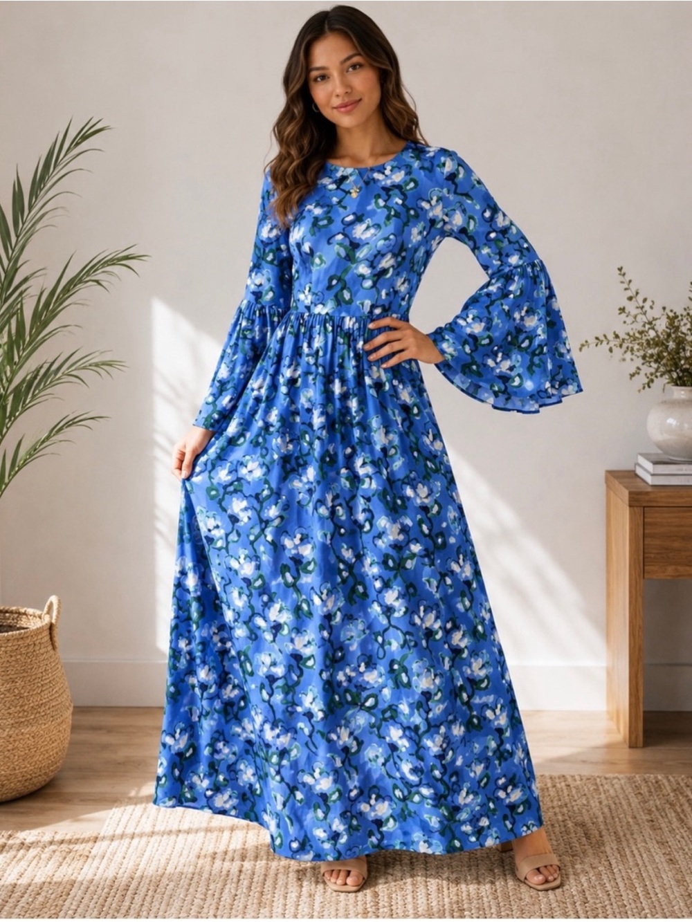 De Loreta Maxi Floral Dress A-Line Flared Bell Sleeves Size Small Pockets